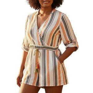 THML | Women’s Multi-Striped Tassel-Tie Waist Roll-Tab Sleeves Romper size Large